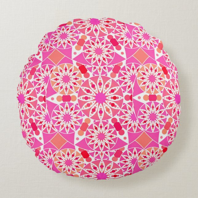 Mandala mönster, rosa- och korallskärnor rund kudde (Framsidan)