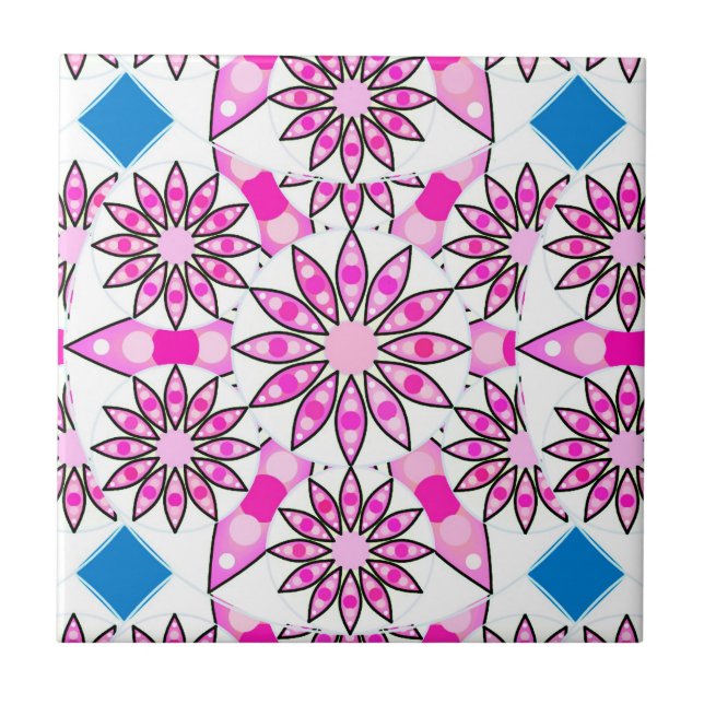 Mandala mönster, rosa, shock rosa, koboltblått kakelplatta (Framsidan)