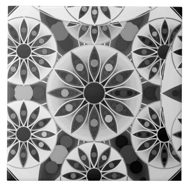 Mandala mönster, svart, vit och grått / grått kakelplatta (Framsidan)