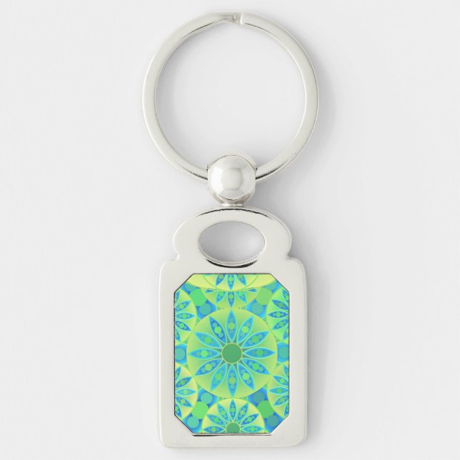 Mandala-mönster, turkos, blå, limegrön rektangulärt silverfärgad nyckelring (Framsidan)