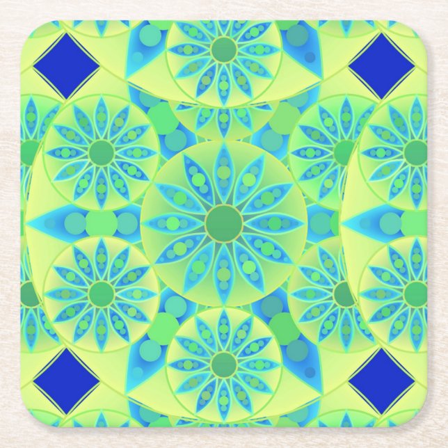 Mandala-mönster, turkos, blå, limegrön underlägg papper kvadrat (Framsidan)