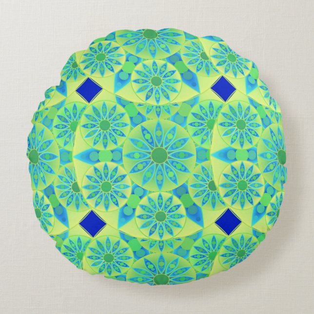 Mandala mönster, turkos, blått, kalkgrönt rund kudde (Framsidan)
