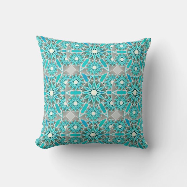 Mandala mönster, turkos, silver grått och vitt kudde (Framsida)