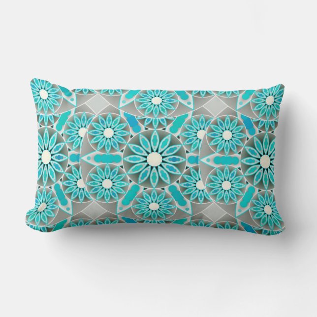 Mandala mönster, turkos, silver grått och vitt lumbarkudde (Framsida)