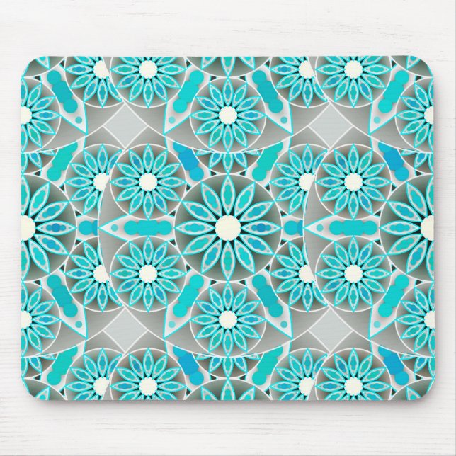 Mandala mönster, turkos, silver grått och vitt musmatta (Framsidan)