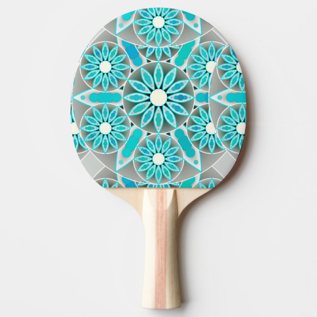 Mandala mönster, turkos, silver grått och vitt pingisracket (Framsidan)