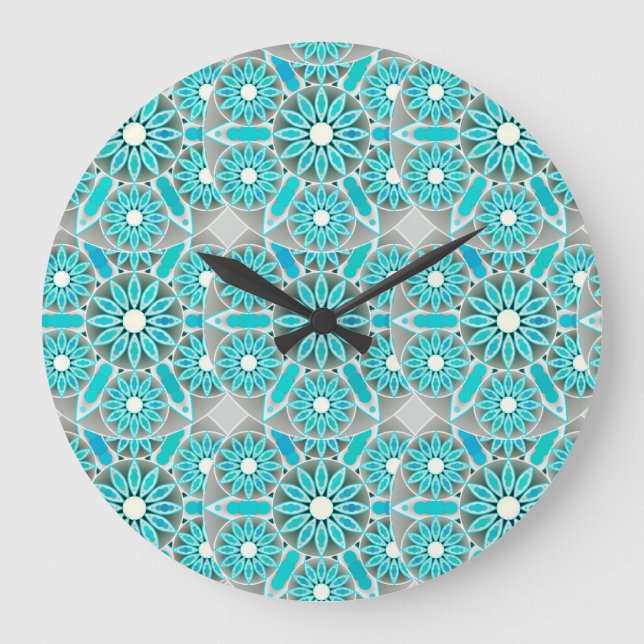 Mandala mönster, turkos, silver grått och vitt stor klocka (Framsida)