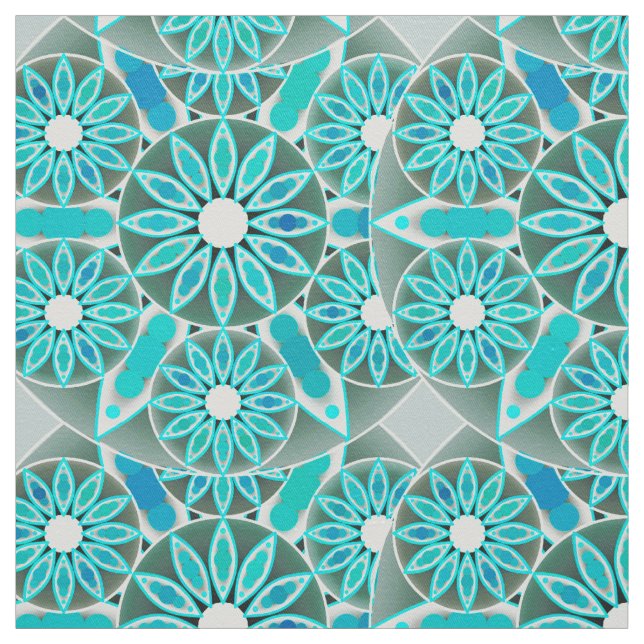 Mandala mönster, turkos, silver grått och vitt tyg (Provkarta)