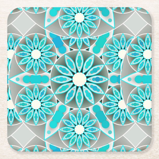Mandala mönster, turkos, silver grått och vitt underlägg papper kvadrat (Framsidan)