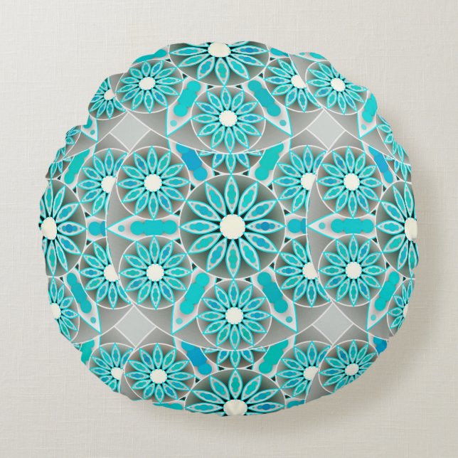 Mandala-mönster, turkos, silvergrå och vit rund kudde (Framsidan)