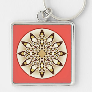 Mandala mönster vid rosa av korall, choklad och ta fyrkantig silverfärgad nyckelring