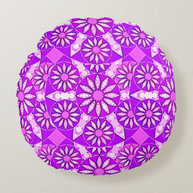 Mandala mönster, violett, orchid och rosa rund kudde (Framsidan)