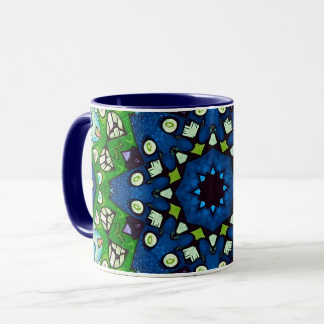 Mandala Mosaic Geometric Grönt Blue Retro Hippie Mugg (Framsida vänster)
