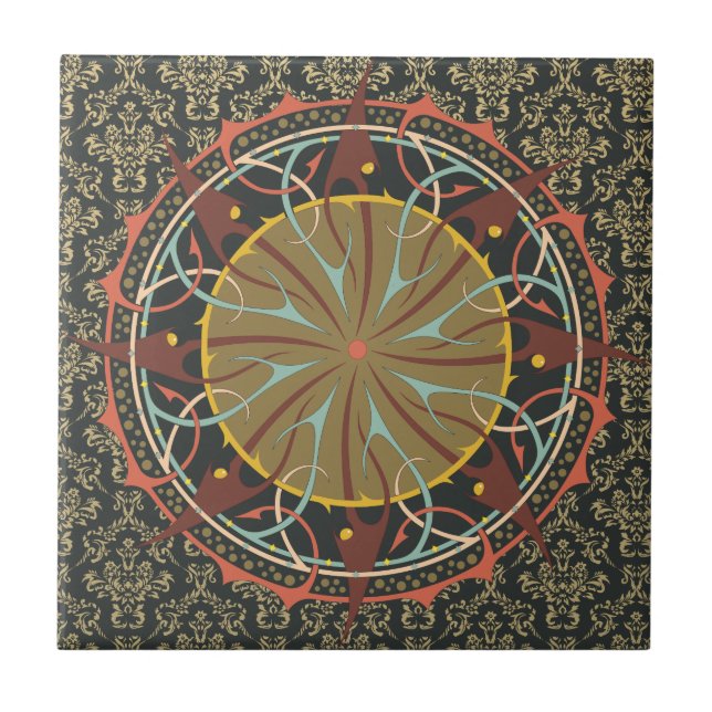 Mandala on damask Boho Bohemian retro Kakelplatta (Framsidan)