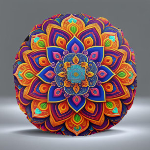 Mandala Orange Blue Abstrakt Illustration Rund Kudde