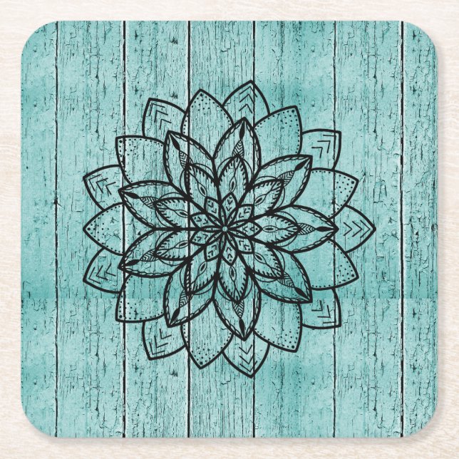 Mandala på Blått Trä Underlägg Papper Kvadrat (Framsidan)