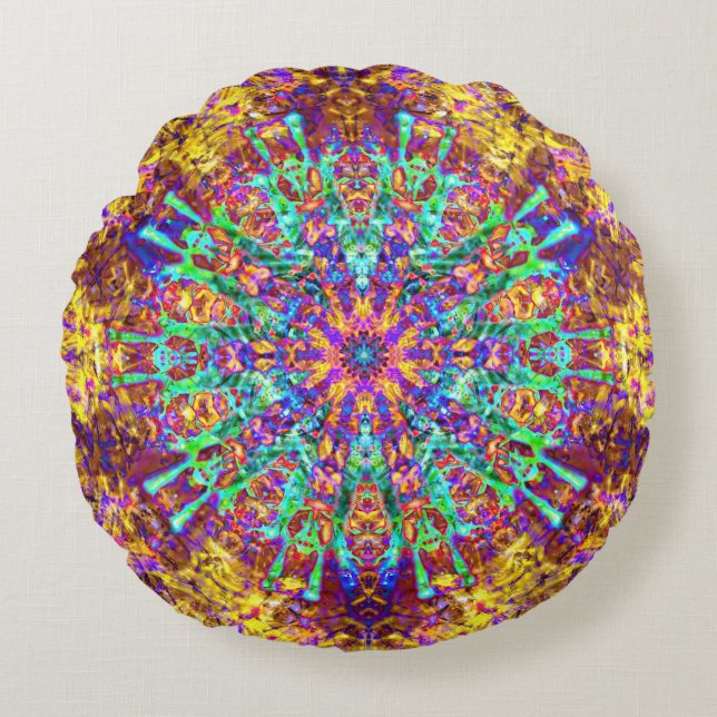 Mandala Psychedelic Trippy Hippie Färg Stänk Rund Kudde (Framsidan)