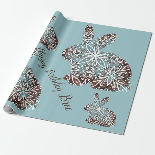 Mandala Rabbit Chocolate and Blues Anpassningsbar  Presentpapper (Utrullad)