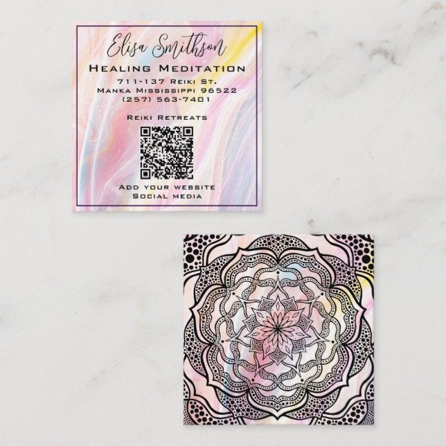 Mandala Reiki Healing Meditation  Rosa Pastel Fyrkantigt Visitkort (Fram/baksida)