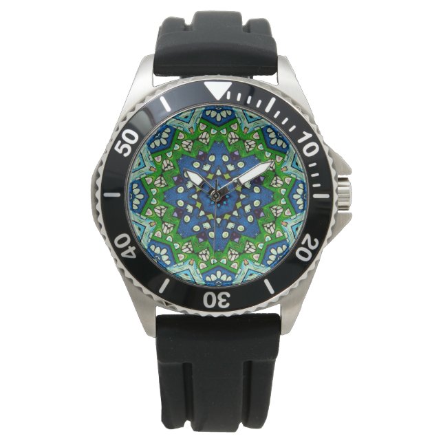 Mandala Retro Mosaic Grönt Blue Mönster Armbandsur (Framsida)