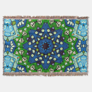 Mandala Retro Mosaic Grönt Blue Mönster Filt