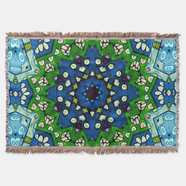 Mandala Retro Mosaic Grönt Blue Mönster Filt (Framsidan)