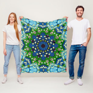 Mandala Retro Mosaic Grönt Blue Mönster Fleecefilt