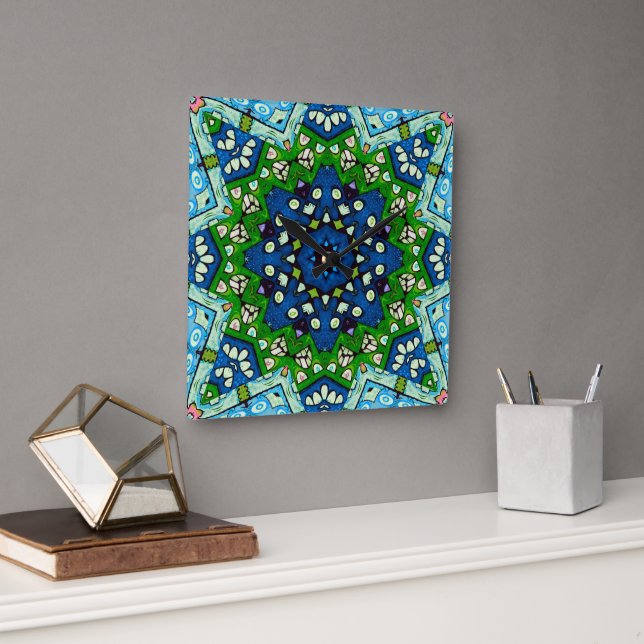 Mandala Retro Mosaic Grönt Blue Mönster Fyrkantig Klocka (Kontor)