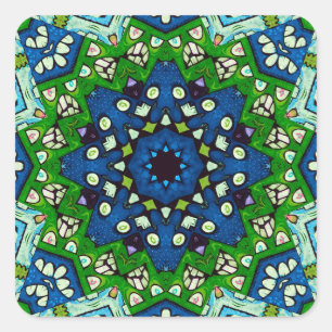 Mandala Retro Mosaic Grönt Blue Mönster Fyrkantigt Klistermärke