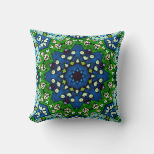 Mandala Retro Mosaic Grönt Blue Mönster Kudde