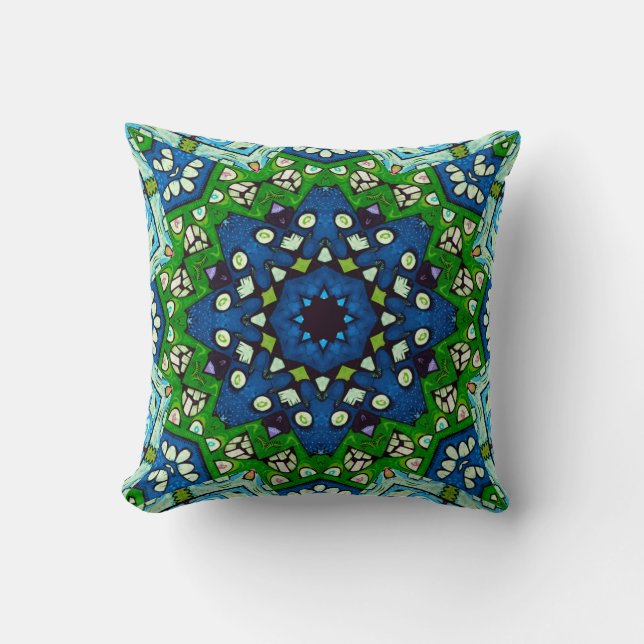 Mandala Retro Mosaic Grönt Blue Mönster Kudde (Framsida)