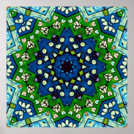 Mandala Retro Mosaic Grönt Blue Mönster Poster