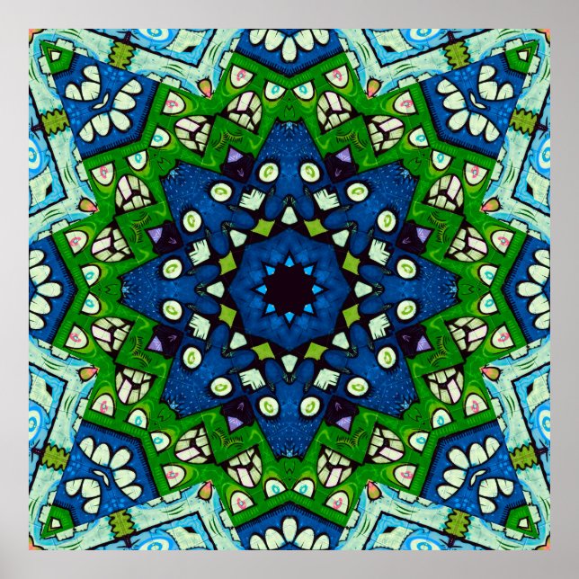 Mandala Retro Mosaic Grönt Blue Mönster Poster (Framsidan)