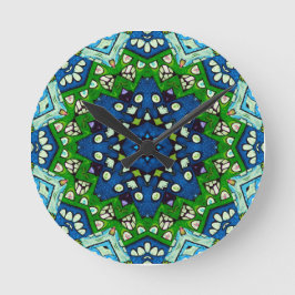 Mandala Retro Mosaic Grönt Blue Mönster Rund Klocka