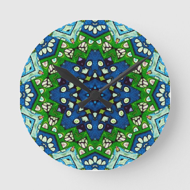 Mandala Retro Mosaic Grönt Blue Mönster Rund Klocka (Framsida)