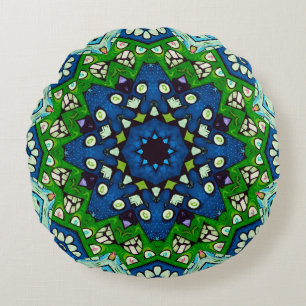 Mandala Retro Mosaic Grönt Blue Mönster Rund Kudde
