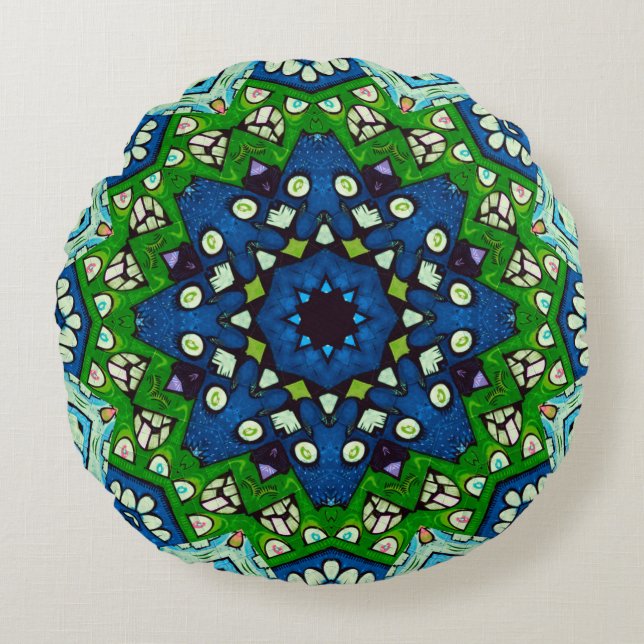 Mandala Retro Mosaic Grönt Blue Mönster Rund Kudde (Framsidan)