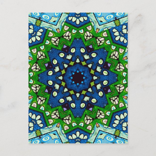 Mandala Retro Mosaic Grönt Blue Mönster Vykort (Framsida)