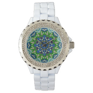 Mandala Retro Mosaic Grönt Blue Mönster Watch Armbandsur