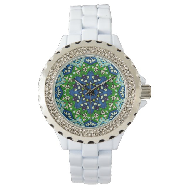 Mandala Retro Mosaic Grönt Blue Mönster Watch Armbandsur (Framsida)