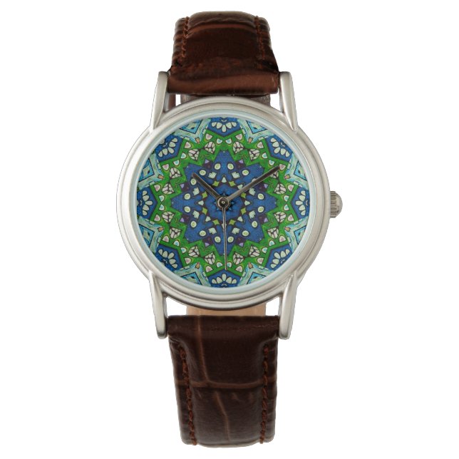 Mandala Retro Mosaic Grönt Blue Mönster Watch Armbandsur (Framsida)