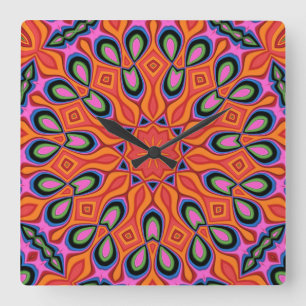 Mandala Retro Orange Hipster Decor Fyrkantig Klocka