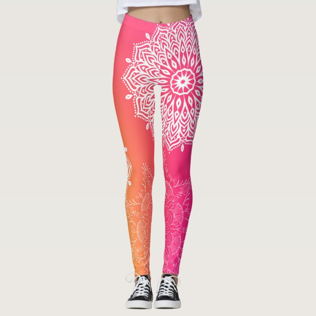 Mandala Rosa och Gult YOGA Leggings (Framsida)