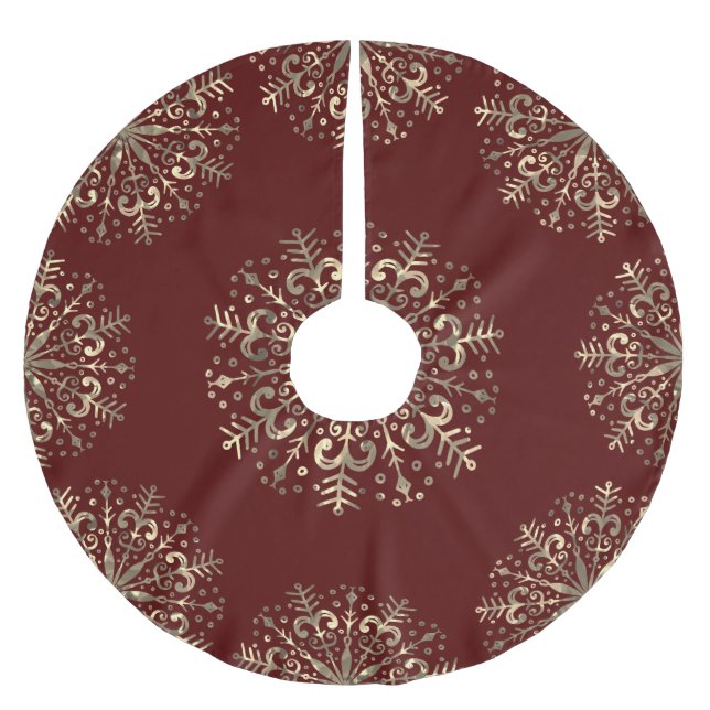 Mandala Snowflake Guld Burgundy Red Julgransmatta Borstad Polyester (Framsidan)