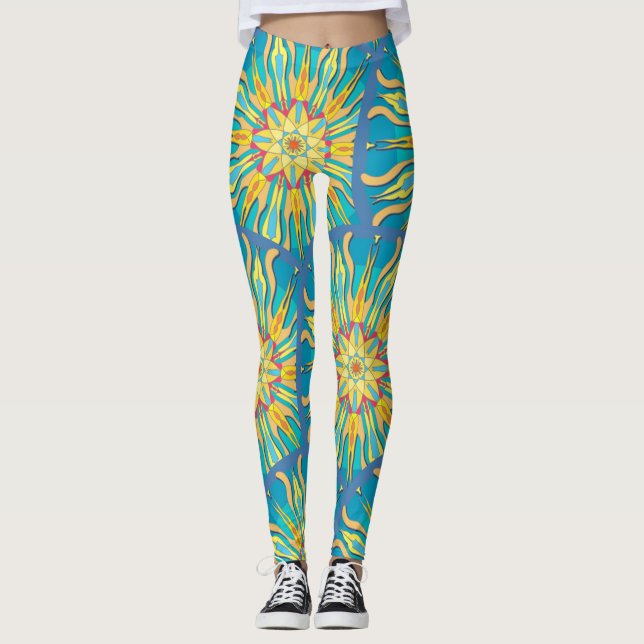 Mandala Sol Goddess,  Gulter på Aqua Leggings (Framsida)