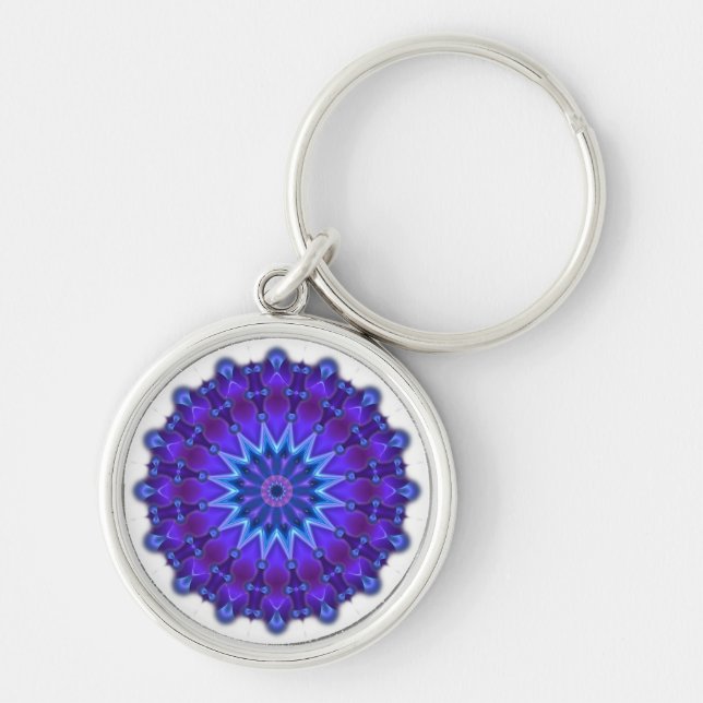 Mandala star i blått rund silverfärgad nyckelring (Framsidan)