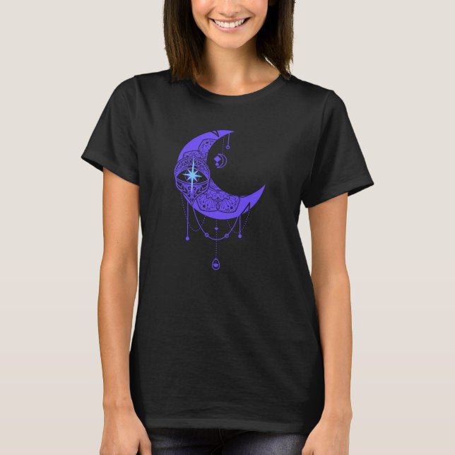 Mandala Stil Lila Crescent Måne Watchful Öga T Shirt (Framsida)