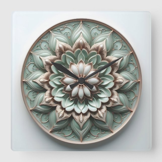 mandala stil ornament mjuk grön fyrkantig klocka (Framsida)
