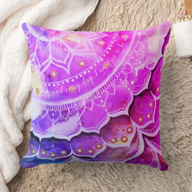 Mandala Sunset Watercolor Rosa Pillow Kudde (Filt)