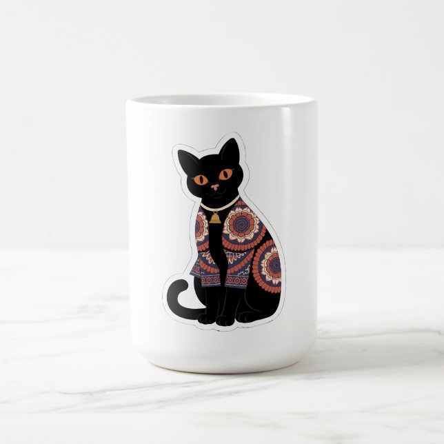 Mandala Svart Katt Halsbands Kaffe Mugg (Center)